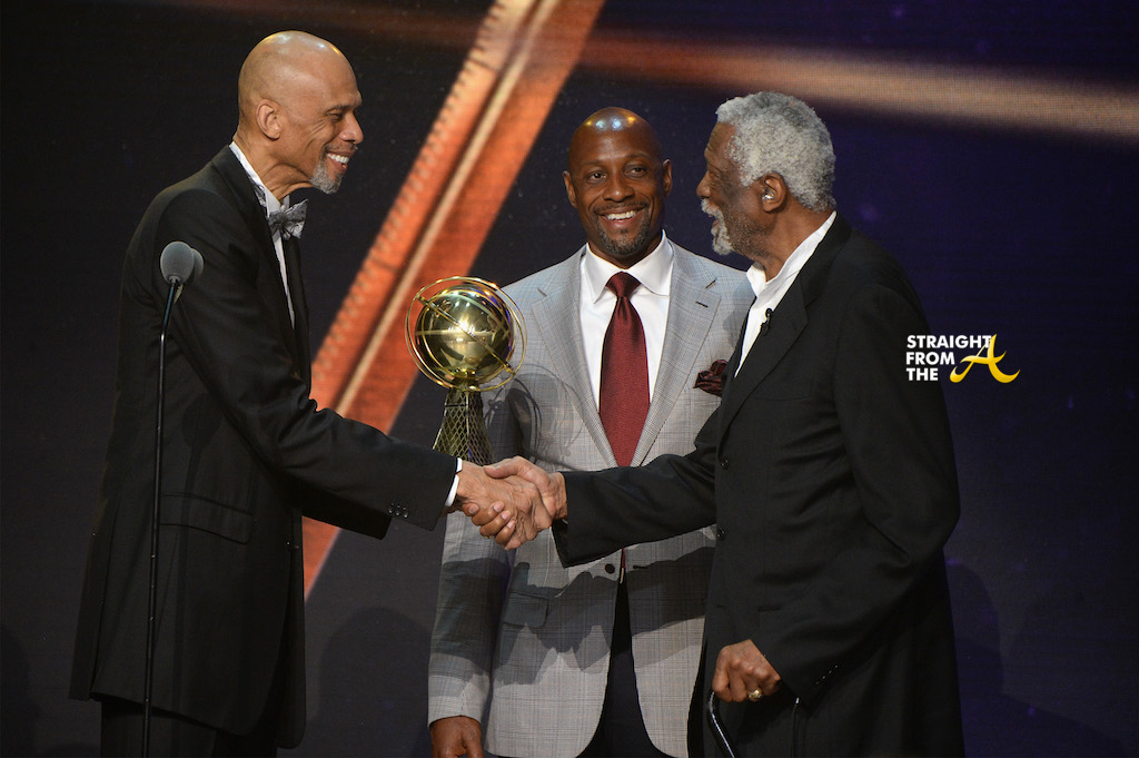 Kareem Abdul-Jabbar, left, and Charles Barkley present the lifetime  achievement award at the NBA Awards on Monday, June 25, 2018, at the Barker  Hangar in Santa Monica, Calif. (Photo by Chris Pizzello/Invision/AP